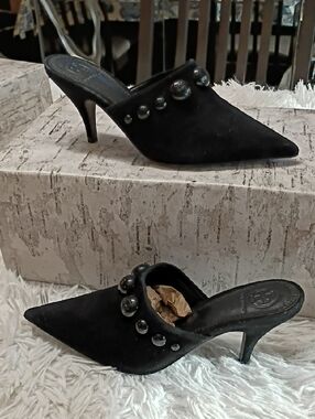 New Tory Burch Georgina Black Suede Sydded Pointed-Toe Embellished Mule Heels